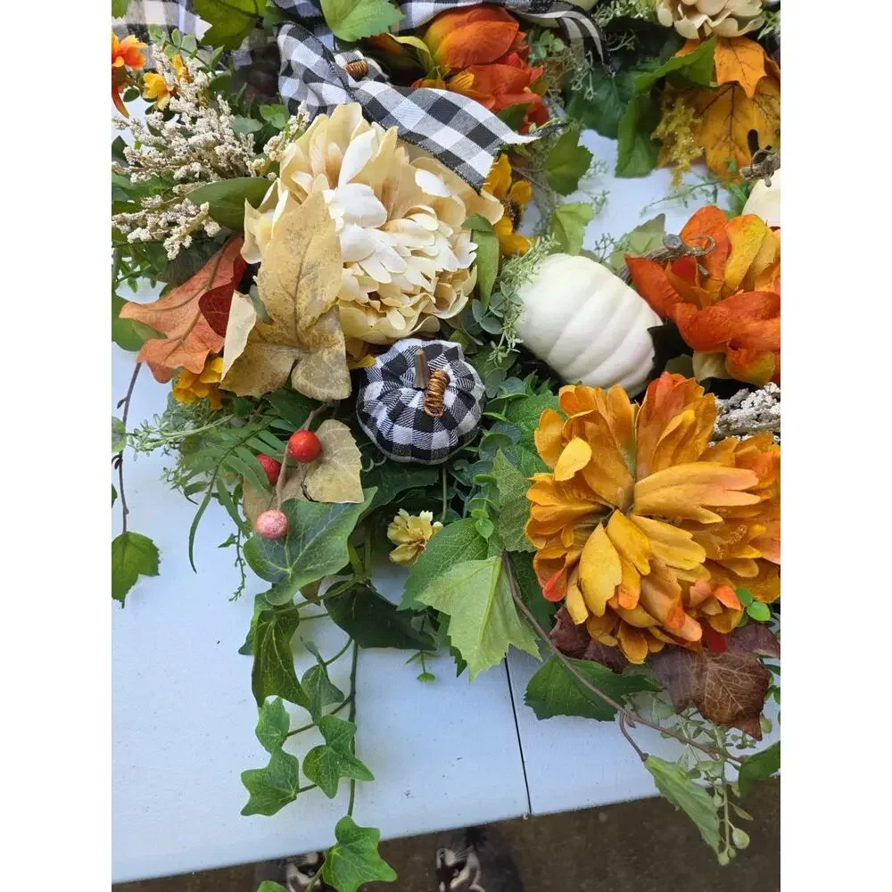 Large Buffalo plaid fall wreath-white pumpkin wreath, lambs ear wreath